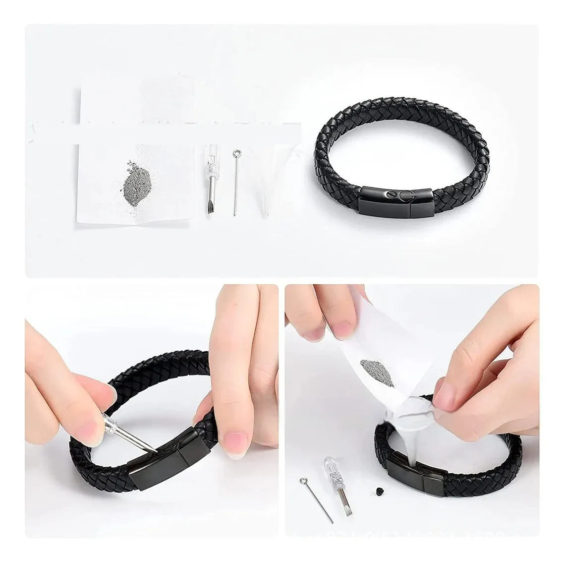 Black leather and stainless steel woven casket bracelet with engraved English letters