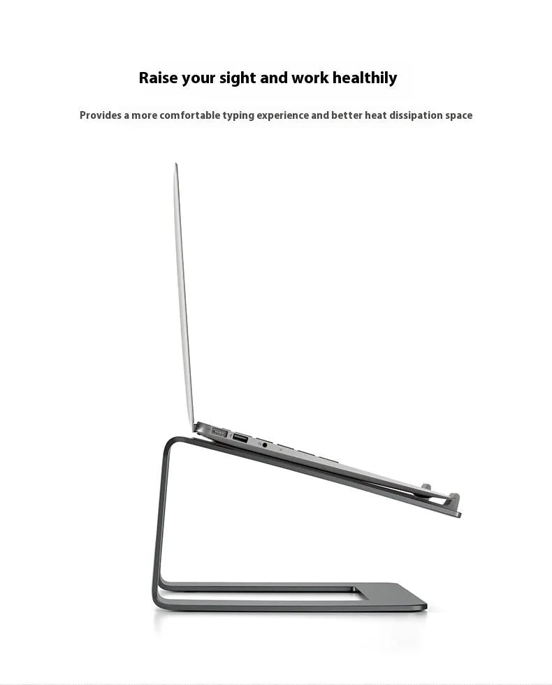 Black aluminium alloy laptop stand on a desk, showing its size and solid base plate.