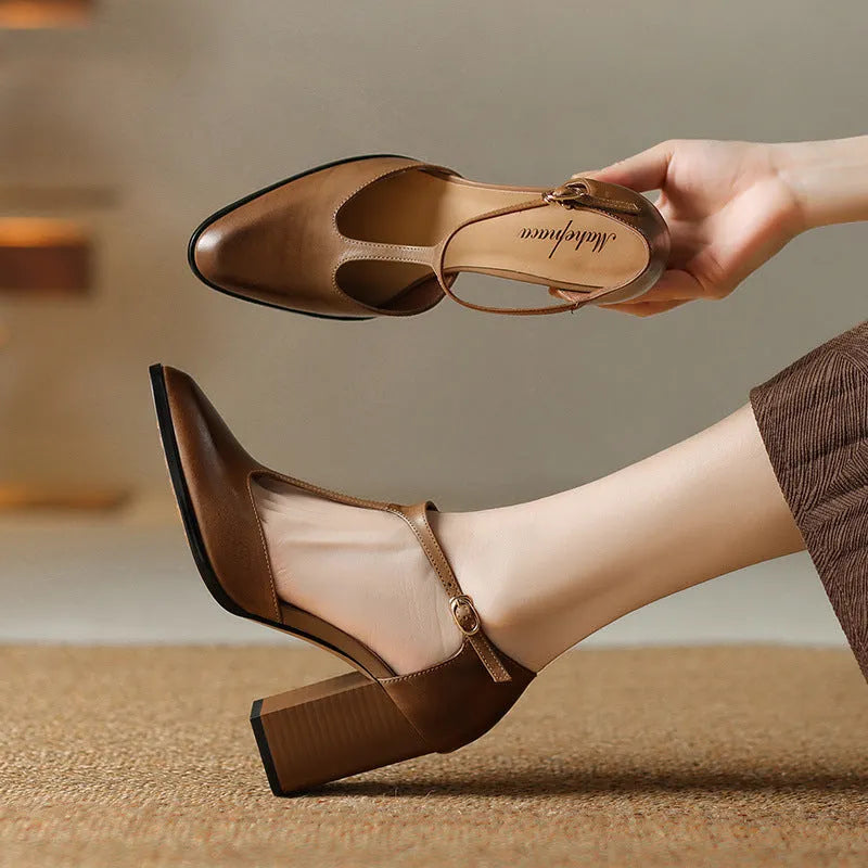 Women's retro pointed Mary Jane buckle shoes with hollow design in first layer cowhide