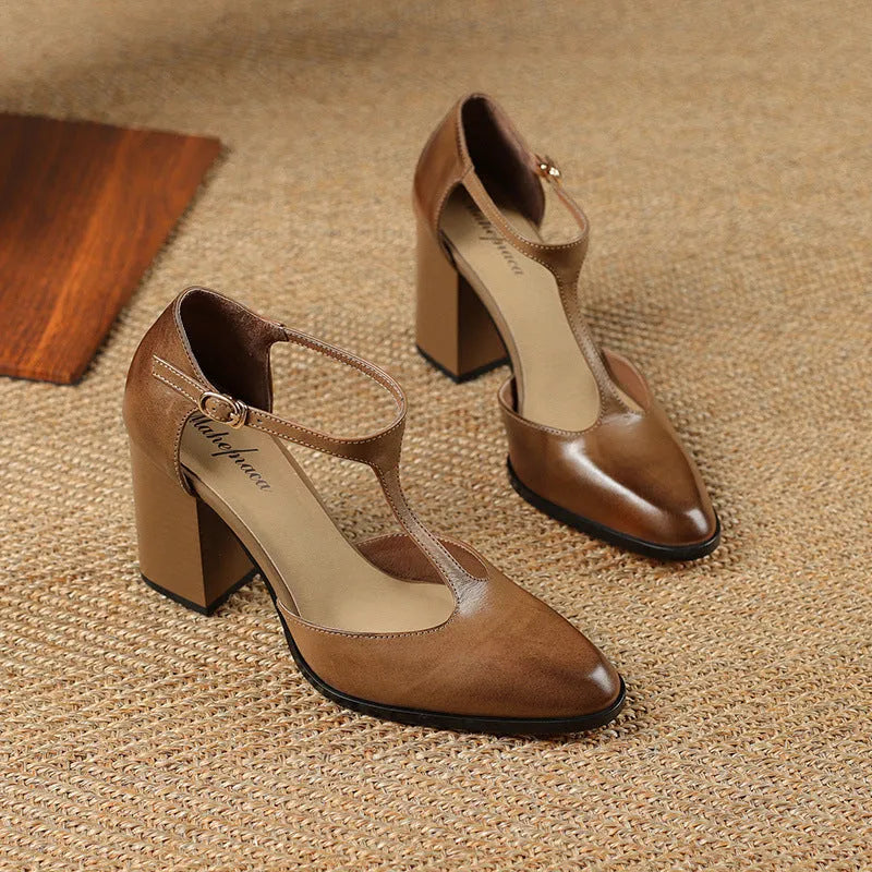 Women's retro pointed Mary Jane buckle shoes with hollow design in first layer cowhide