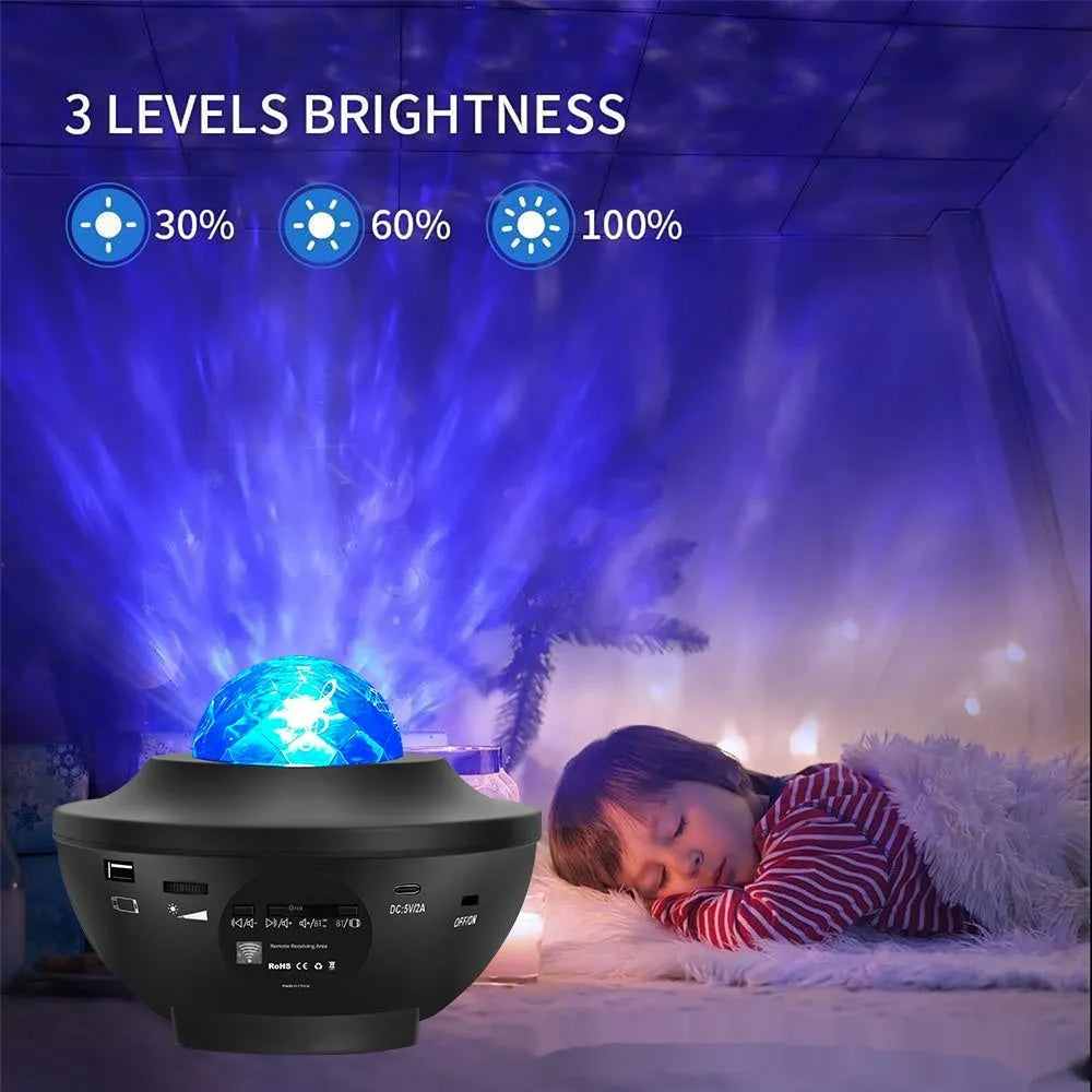 Black parallel style star projection lamp with rotating water ripple laser effects on desktop