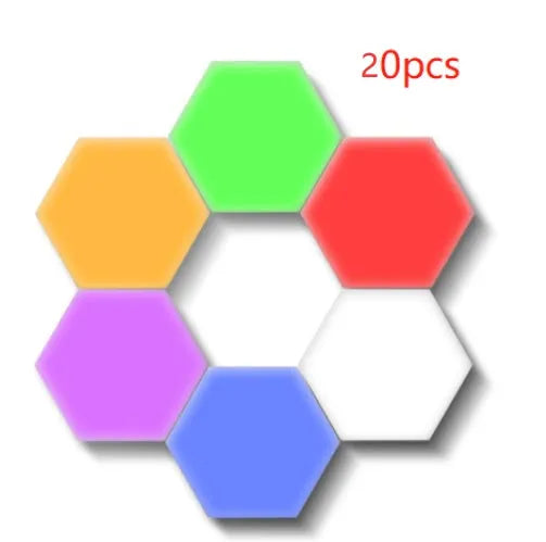 Assembled honeycomb pattern wall lamp with hexagonal white ABS shades and touch control.