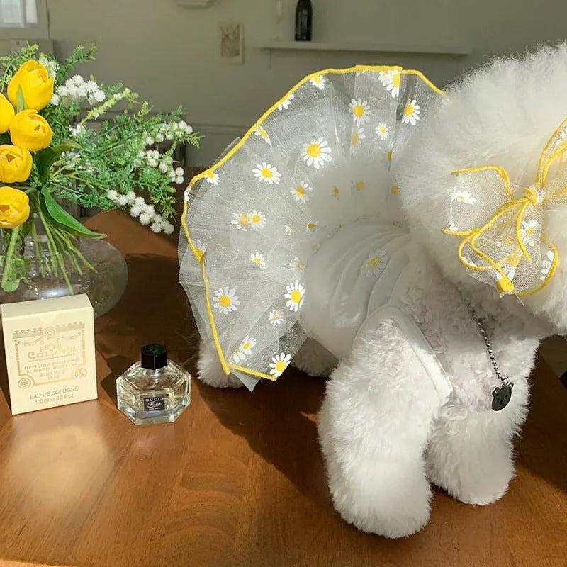 Yellow daisy patterned thin summer dog clothes made from polyester fabric