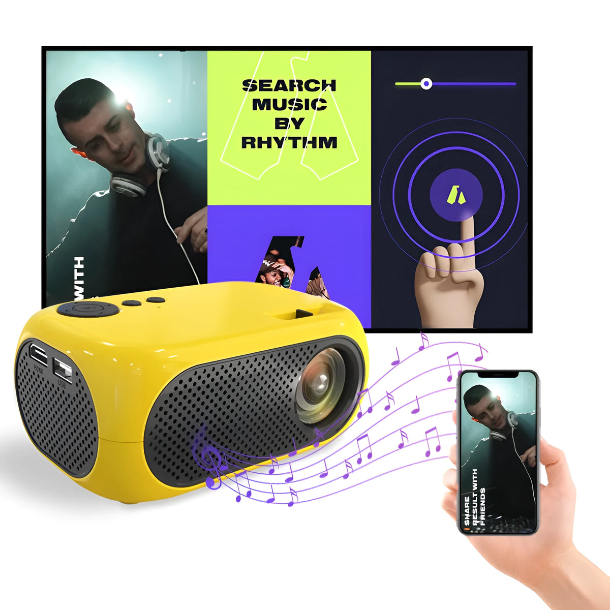 M24 gold micro mini projector with power adapter and AV cable on white background