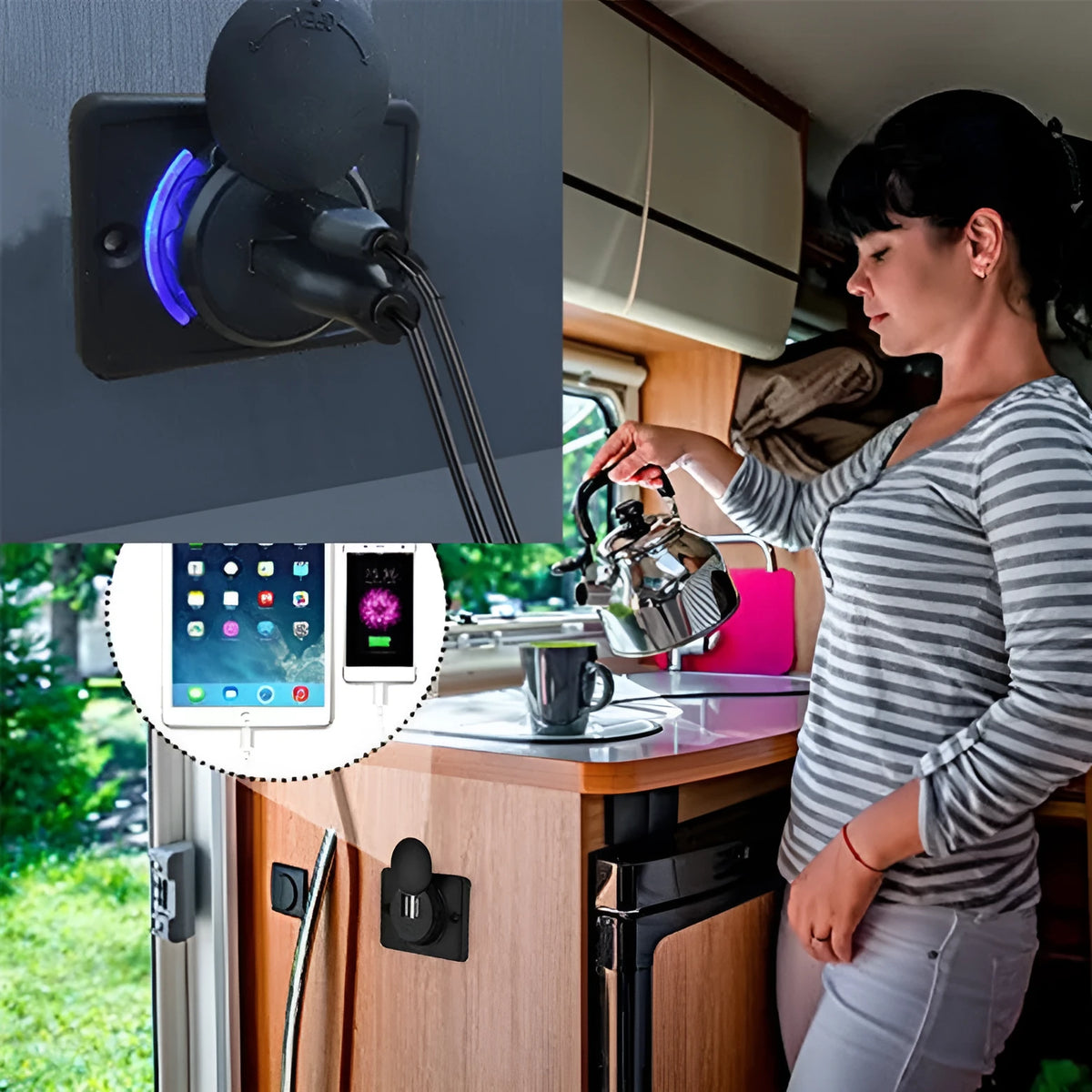 Black 12V car USB charger with mounting screws for vehicle installation and fast 3.1A device charging