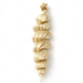 Golden synthetic hair weft wig for women in three length options.