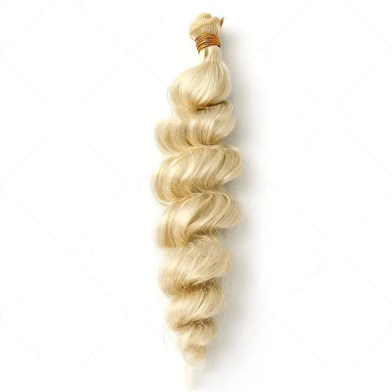 Golden synthetic hair weft wig for women in three length options.