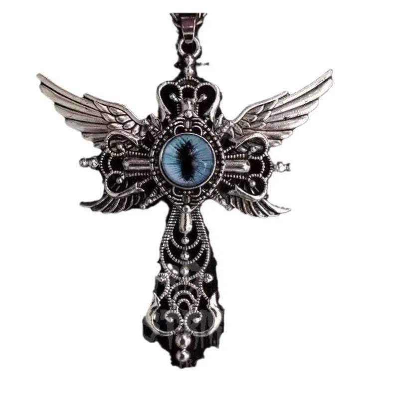 Silver-tone alloy devil wings and cross geometric pendant necklace on a chain.
