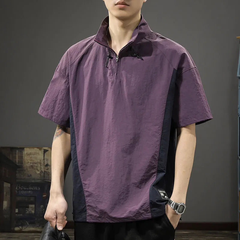 Men's brown half zip stand collar short sleeve shirt in fleece-lined Ice Silk fabric