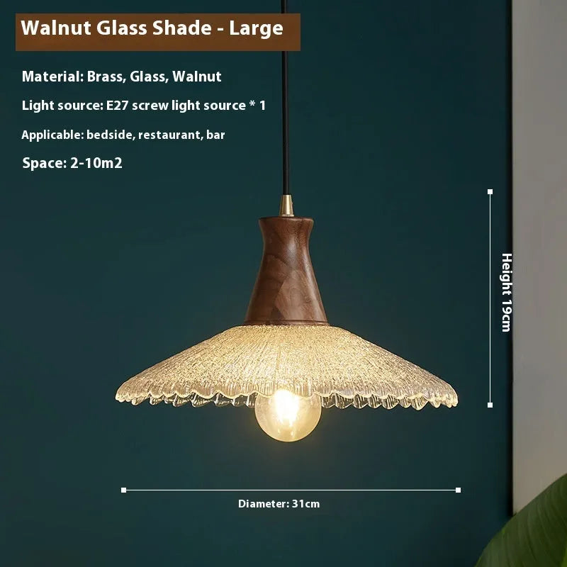 Woodcraft brass and glass ceiling chandelier for restaurant lighting in three available sizes.