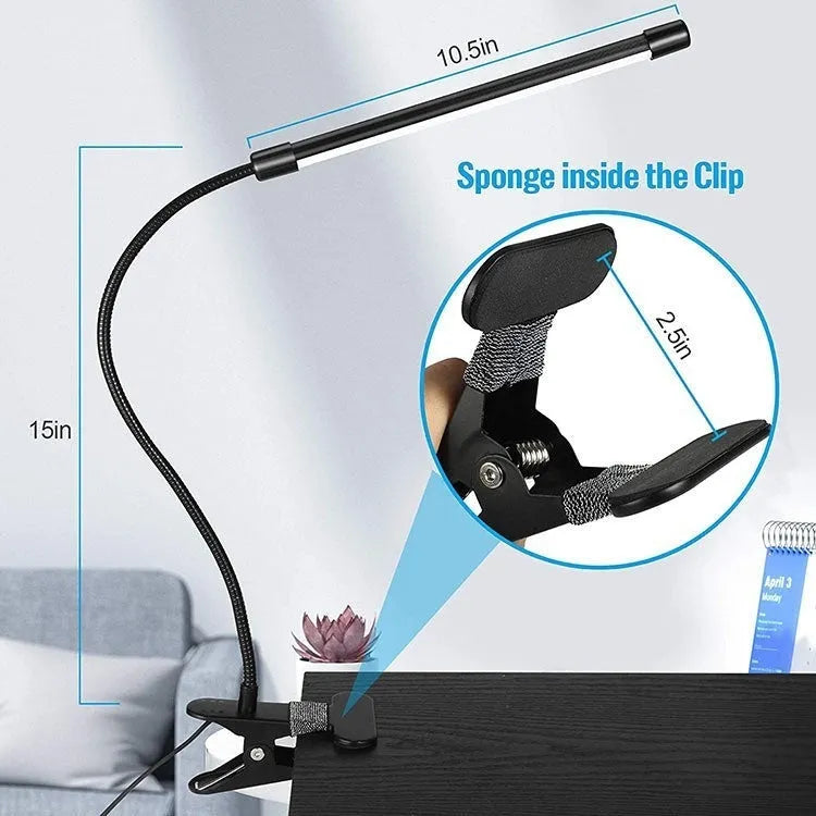 Black and white USB-powered LED desk lamp with 26cm length for student dormitories