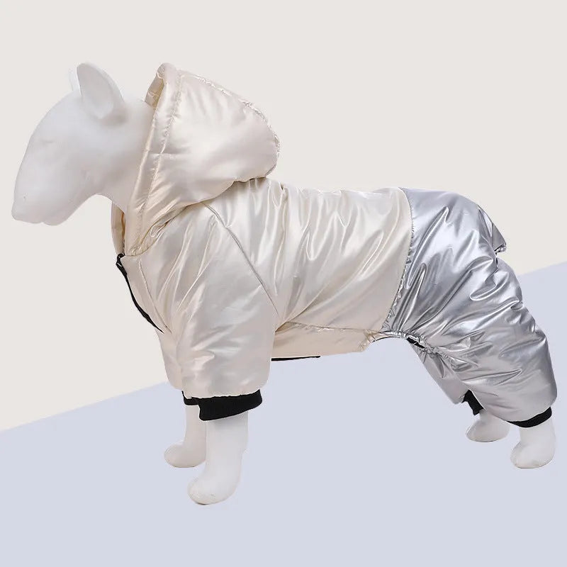 Green waterproof cotton-padded dog coat with four-legged design on medium-sized dog