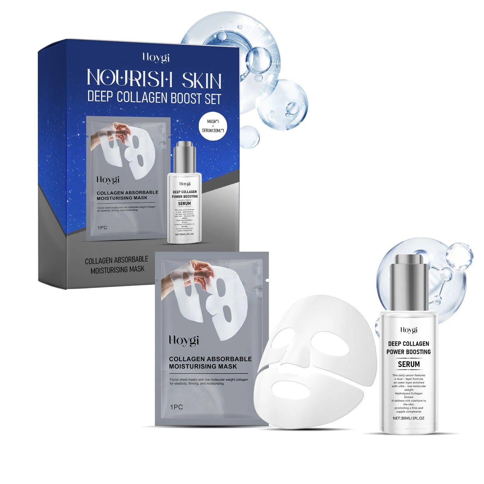 Collagen moisturising skincare set with sheet mask and 30ml essence serum bottle
