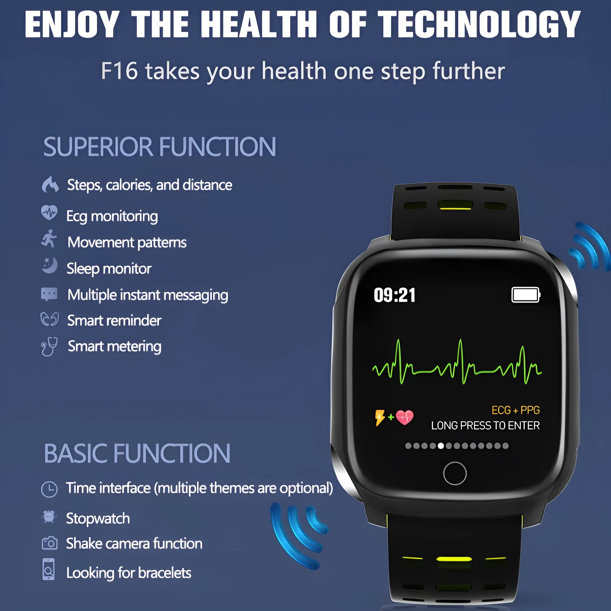 F16 Smart Watch showing ECG, blood pressure, and heart rate data on its IPS screen, with a black silicone wristband.