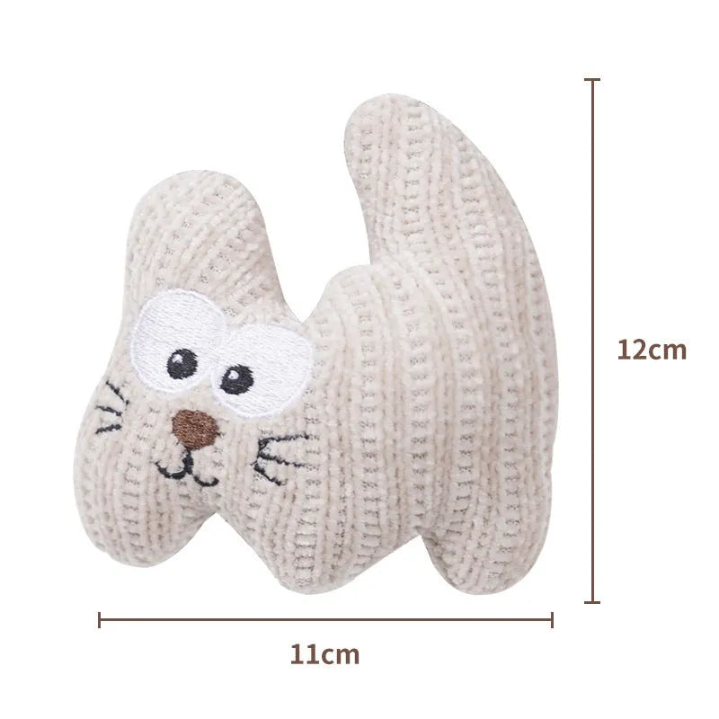 Cyan knitted plush cat toy with rope sections, containing catnip and a bell, shown on a white background.
