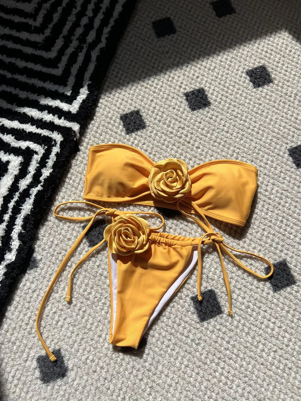 Women's solid colour polyester swimsuit with adjustable drawstring tube top and split briefs