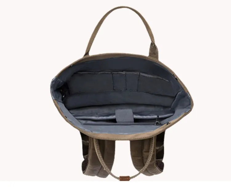 Casual polyester backpack with cover opening showing internal computer pocket and zipper pocket organisation
