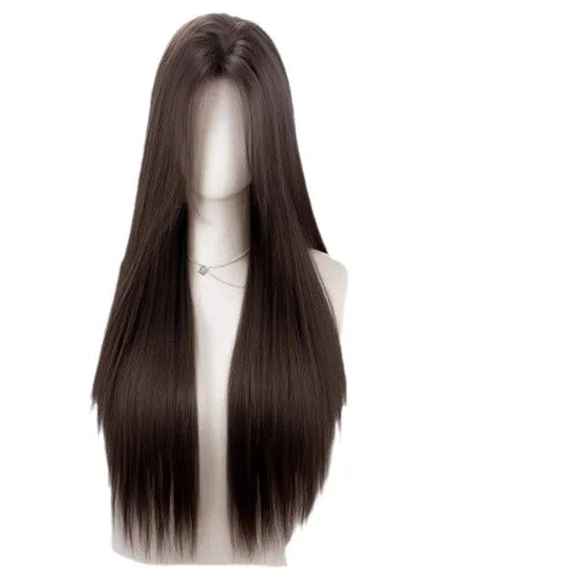 Full-head forehead lace wig in mid-length natural black straight style with styling accessories