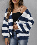 Women's striped deer plush cardigan with button front in blue, black, brown, or dark green.