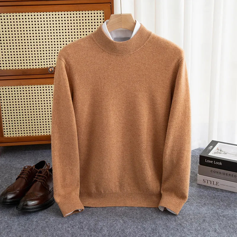Man wearing a loose-fit half-collar wool sweater in a neutral colour for winter.