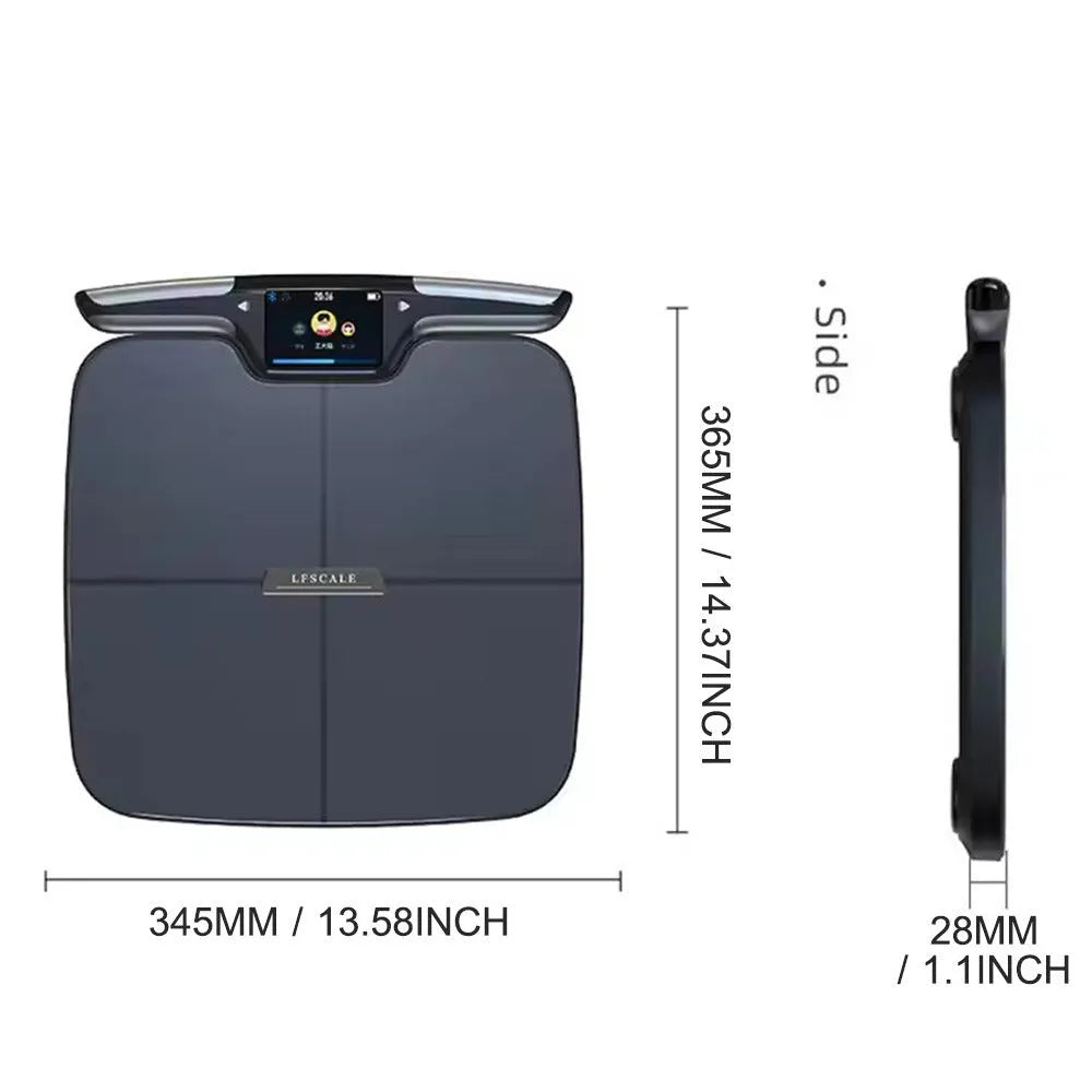 Black eight-electrode body fat smart scale showing electronic display, 45cm square.