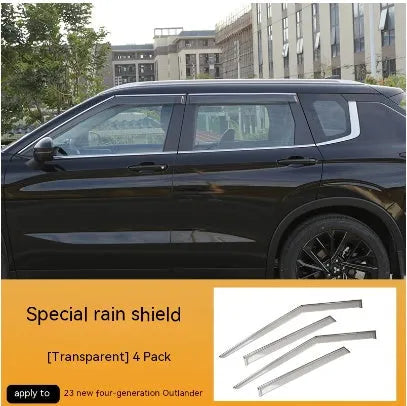 Black engineering plastic window deflectors installed on a Mitsubishi Outlander door and mirror.