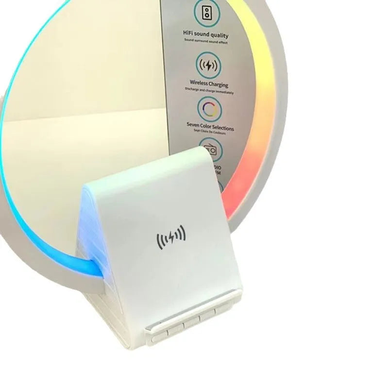 White rectangular smart Bluetooth speaker with integrated wireless charging pad and ambient lighting