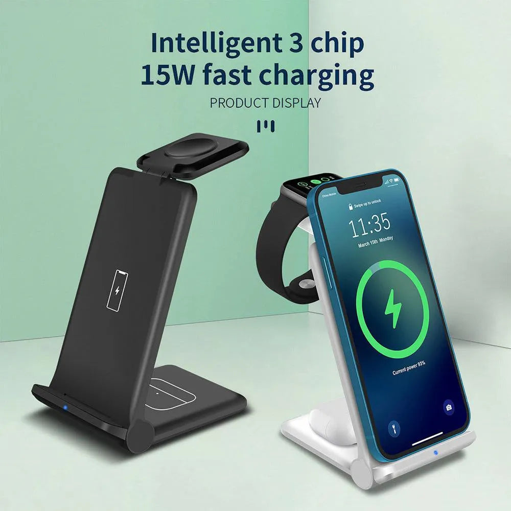White foldable 3-in-1 wireless charging station for iPhone, Samsung phone, AirPods and Apple Watch.