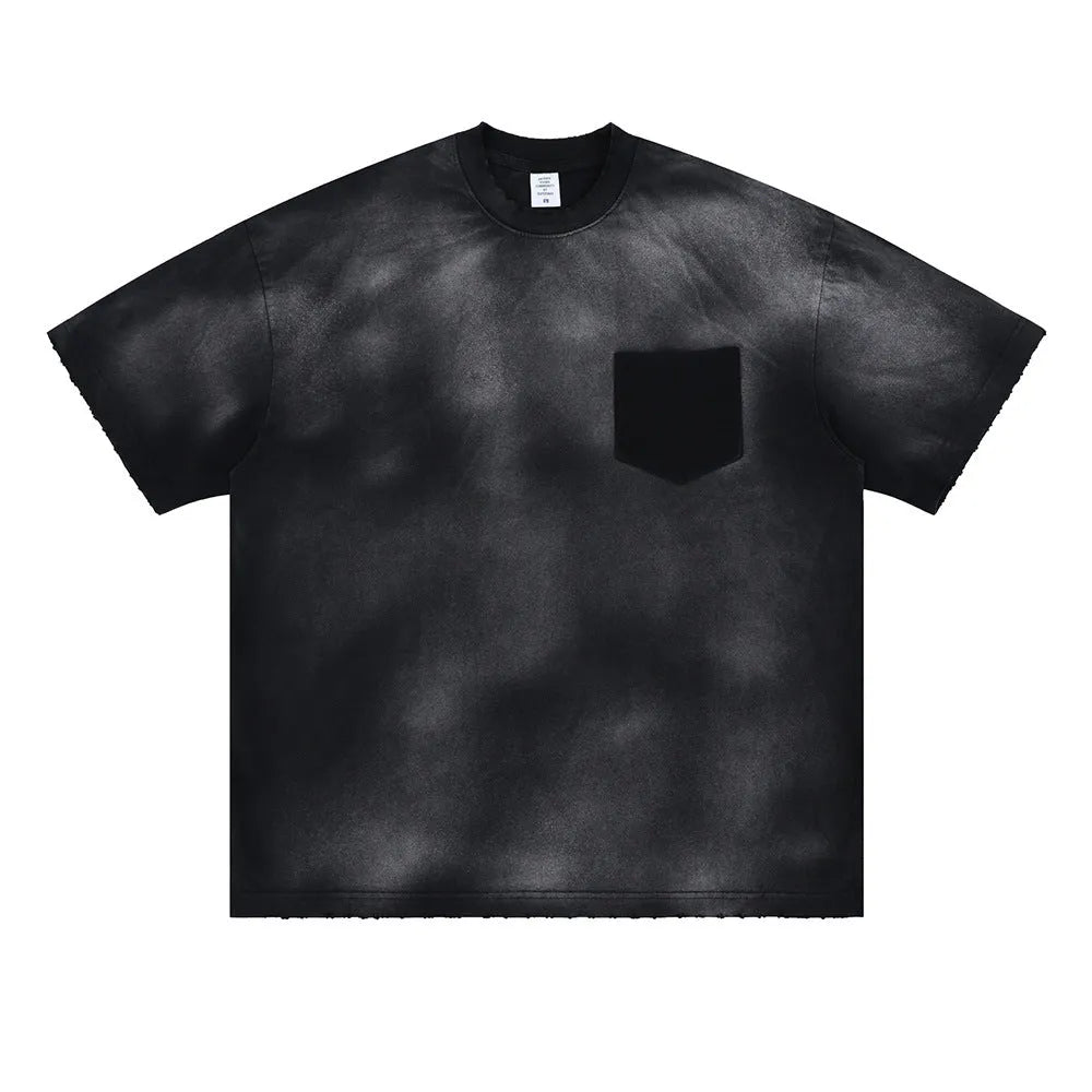 Men's black cotton t-shirt with printed letter design and drop-shoulder sleeves