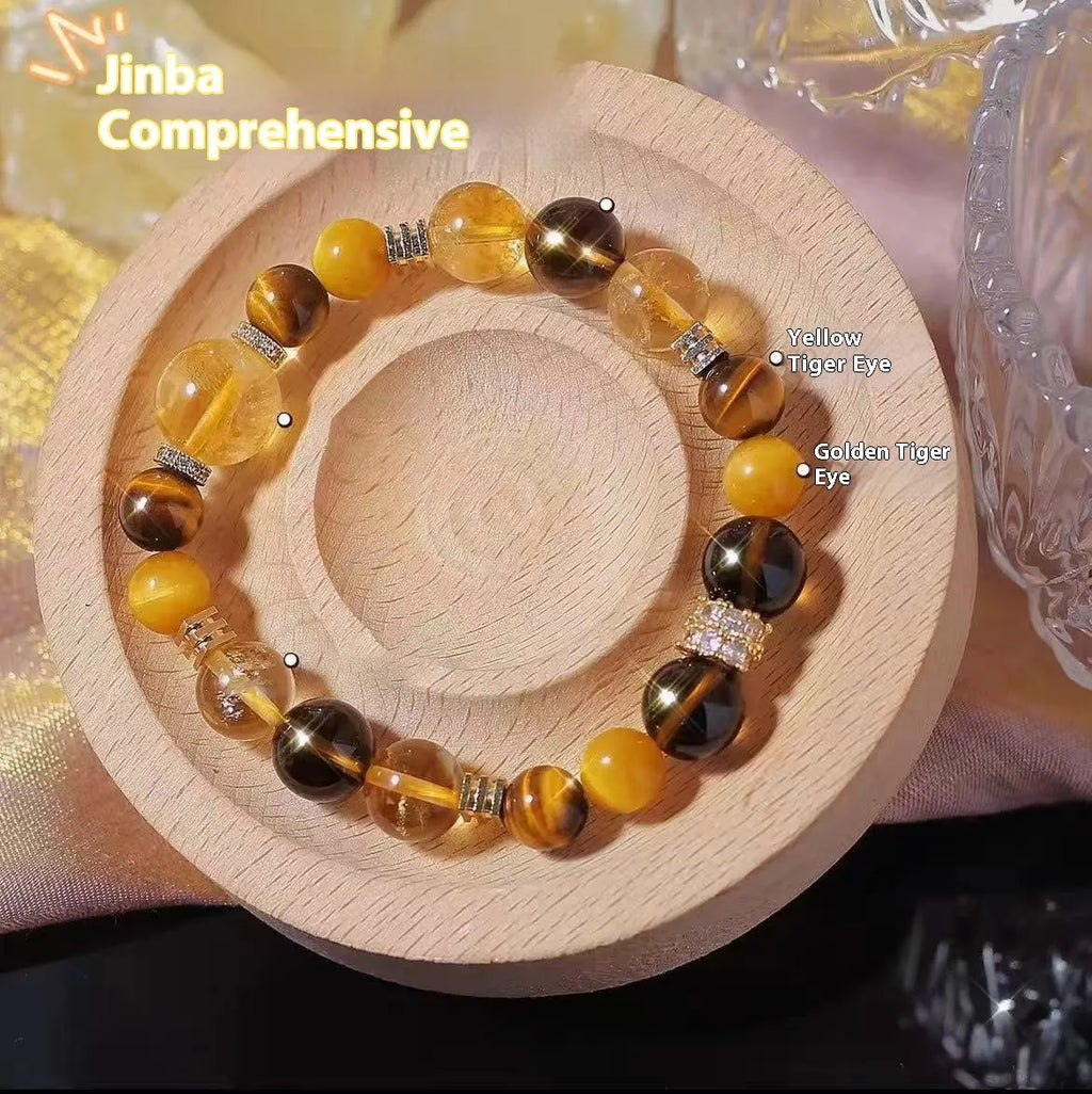 Natural yellow 10mm Jinba crystal beads on a handmade wrap bracelet.