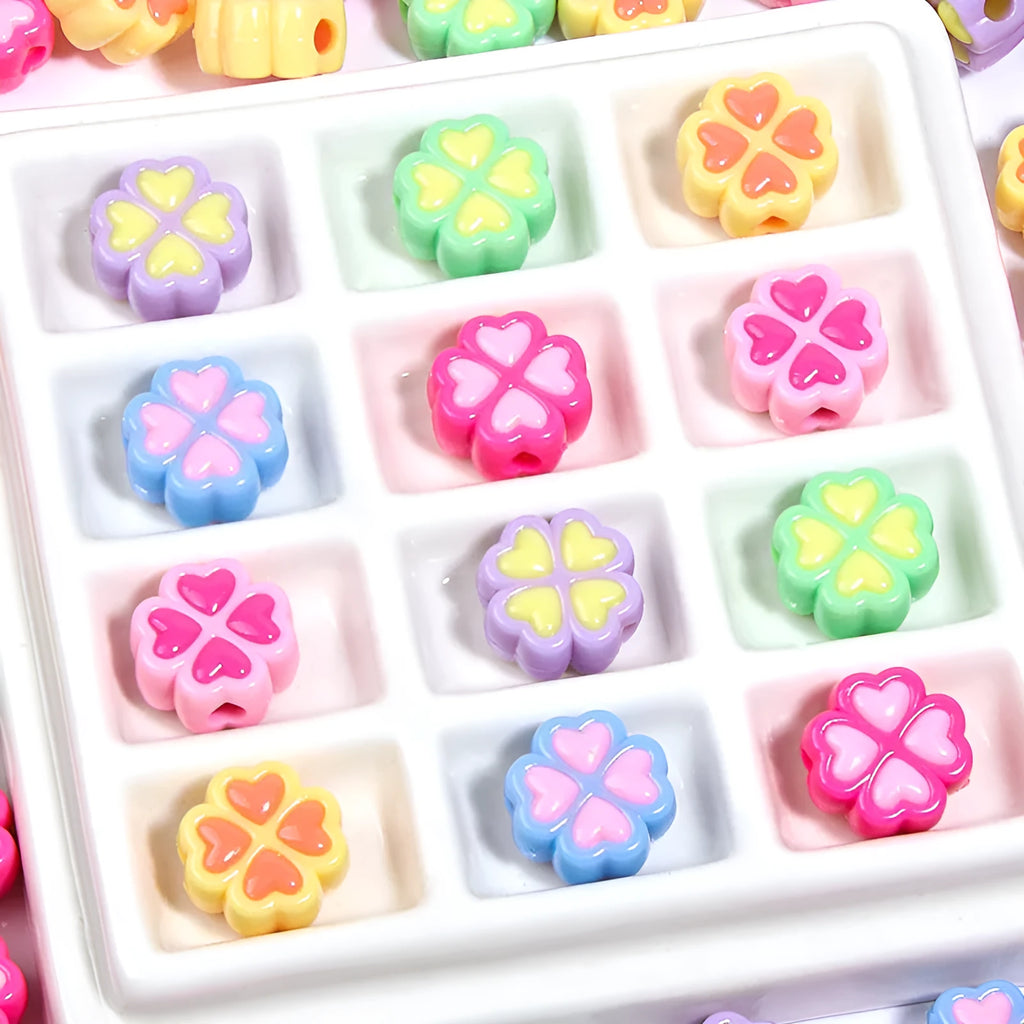 15mm acrylic clover beads with cartoon love pattern and frosted finish in mixed colours