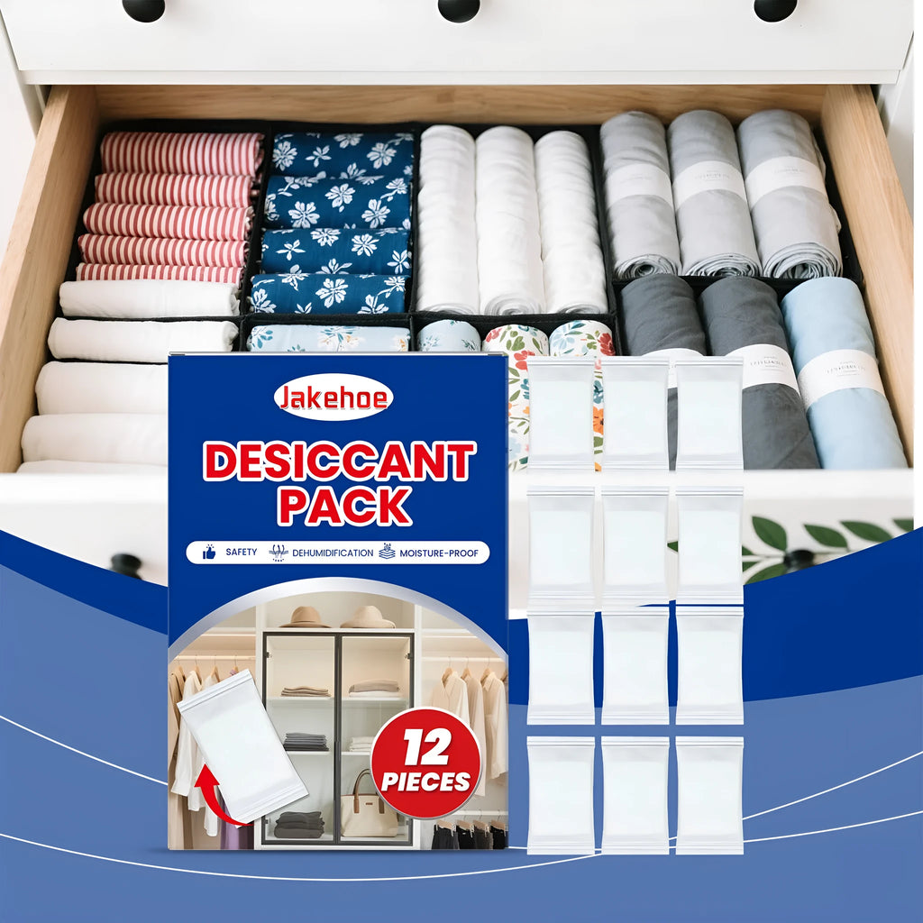 Pack of 12 white calcium chloride desiccant pouches for absorbing moisture in cupboards.