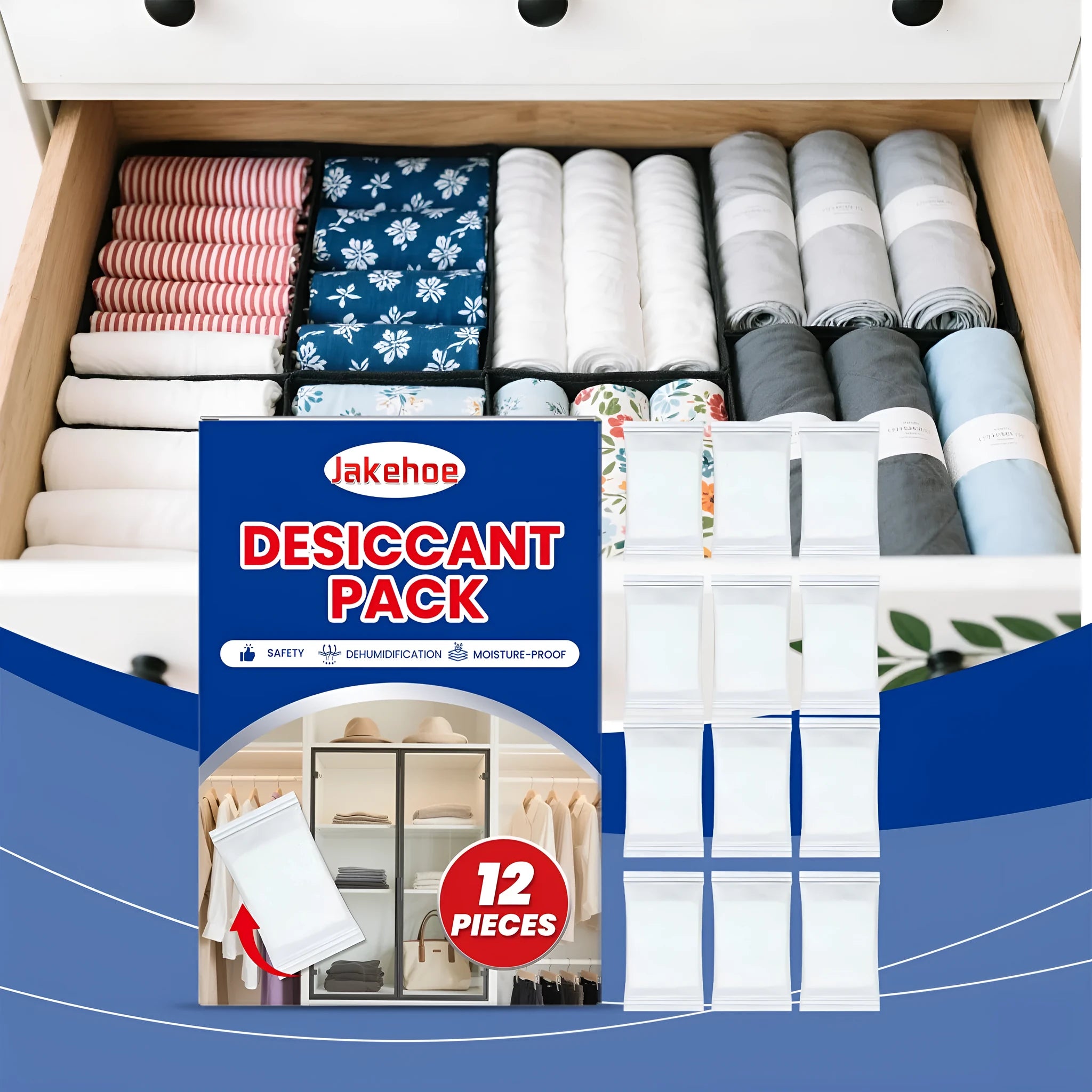 Pack of 12 white calcium chloride desiccant pouches for absorbing moisture in cupboards.