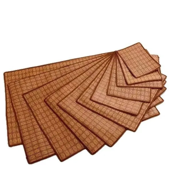 Brown rattan woven dog cooling mat showing open fibre construction for summer use