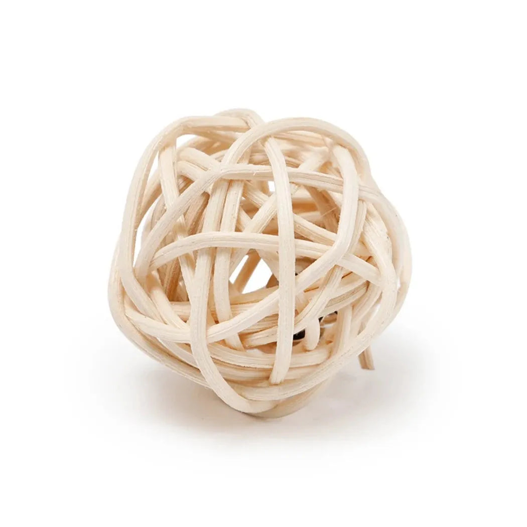 Two cat toys: rattan ball with bell and faux feather ball for interactive feline play