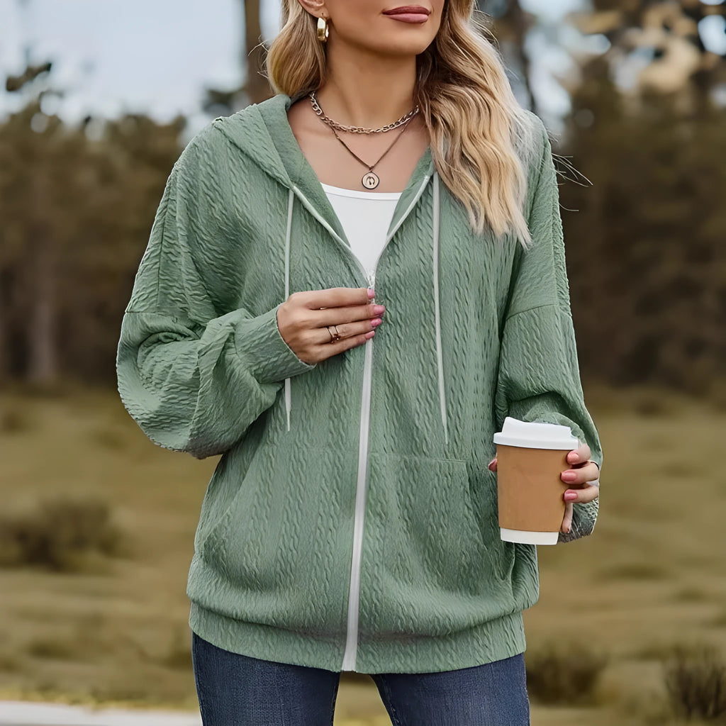 Green loose fit hooded sweater zip coat for women with front closure and long sleeves
