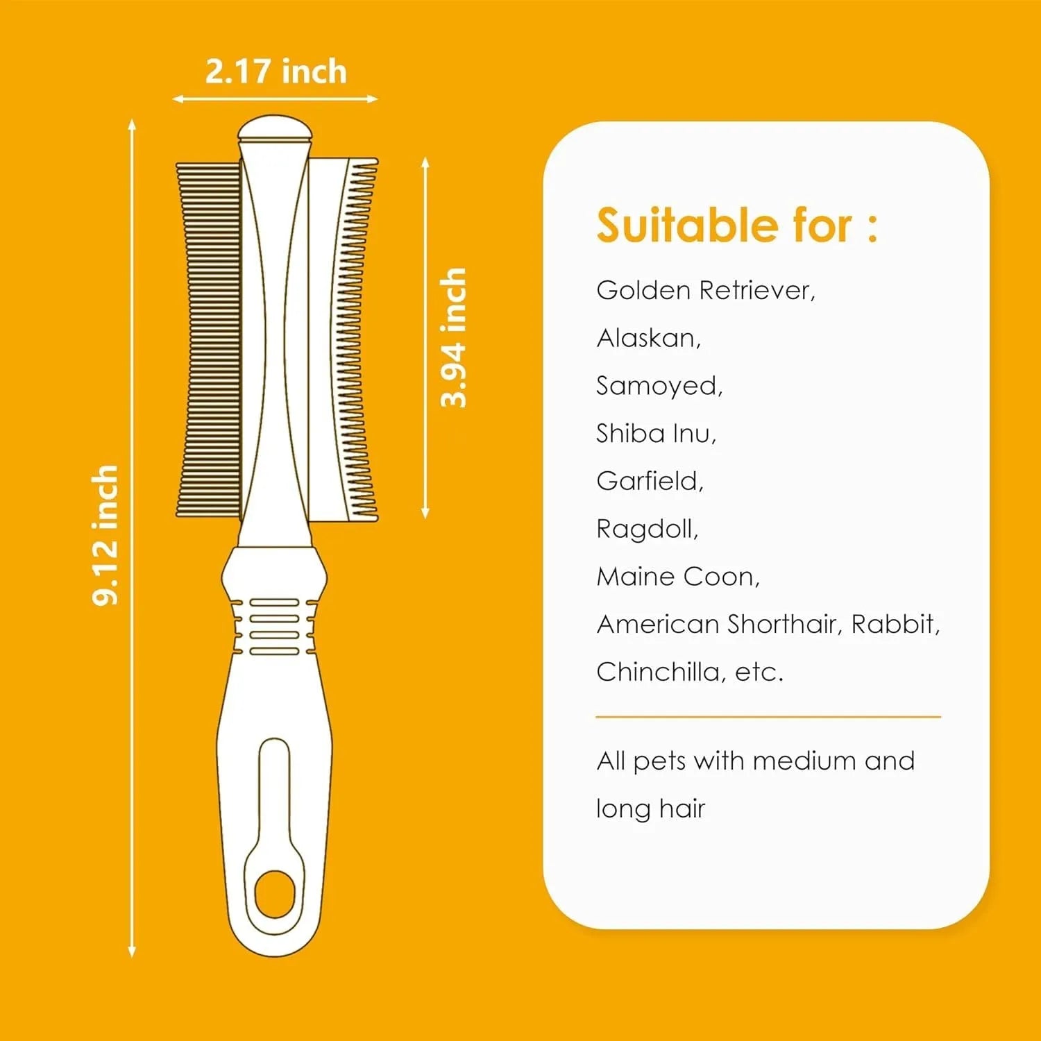 White double-sided dog and cat brush showing grooming comb and deshedding brush sides on a 230mm handle.