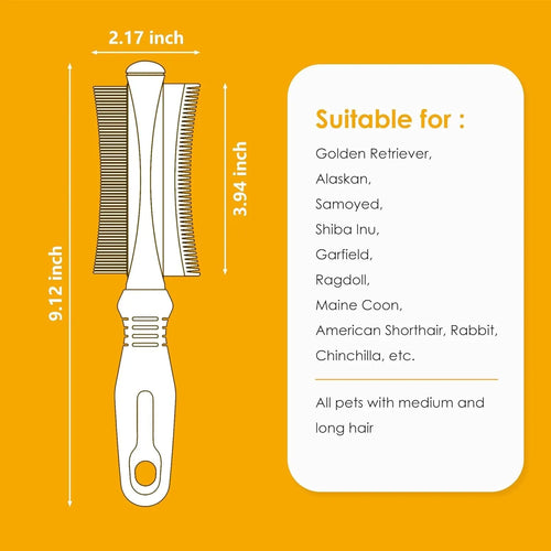 White double-sided dog and cat brush showing grooming comb and deshedding brush sides on a 230mm handle.