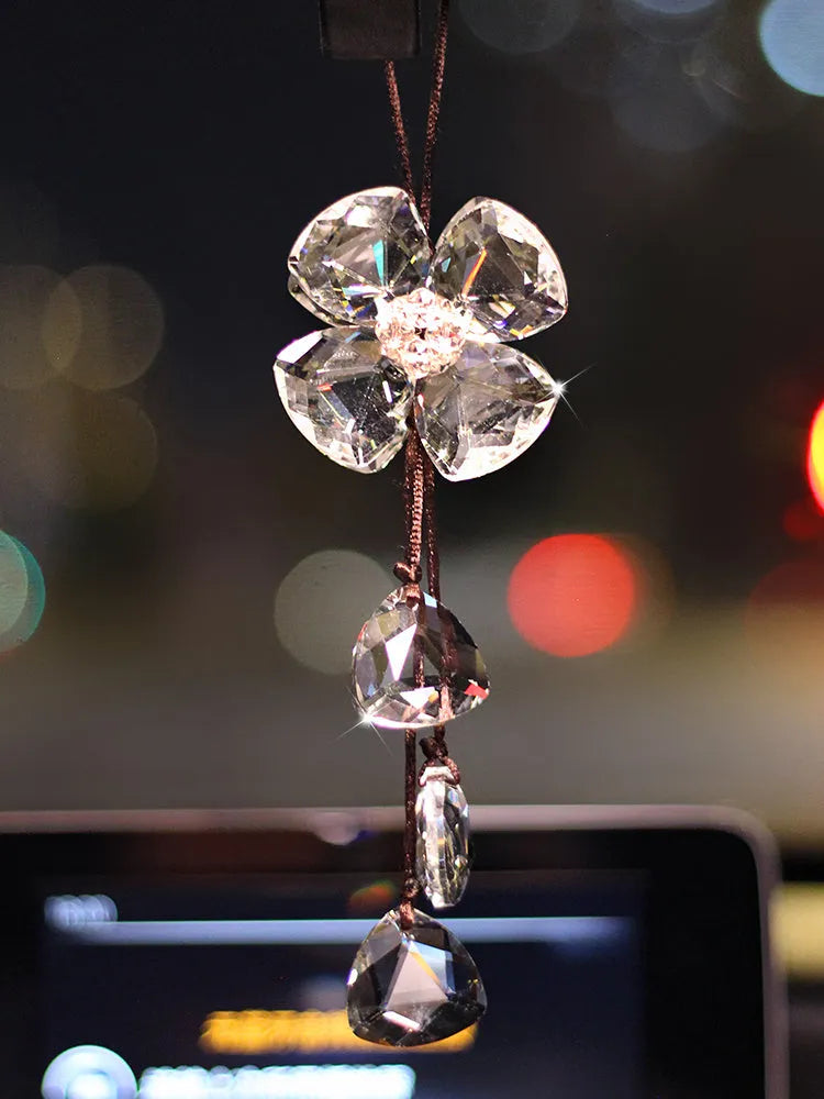 Crystal four leaf grass car pendant approximately 20cm long in transparent colour variation