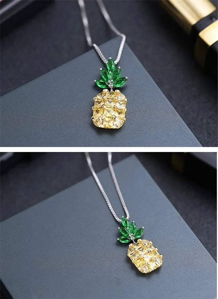 Korean fashion silver plated necklace with pineapple diamond pendant and geometric charm design on adjustable chain