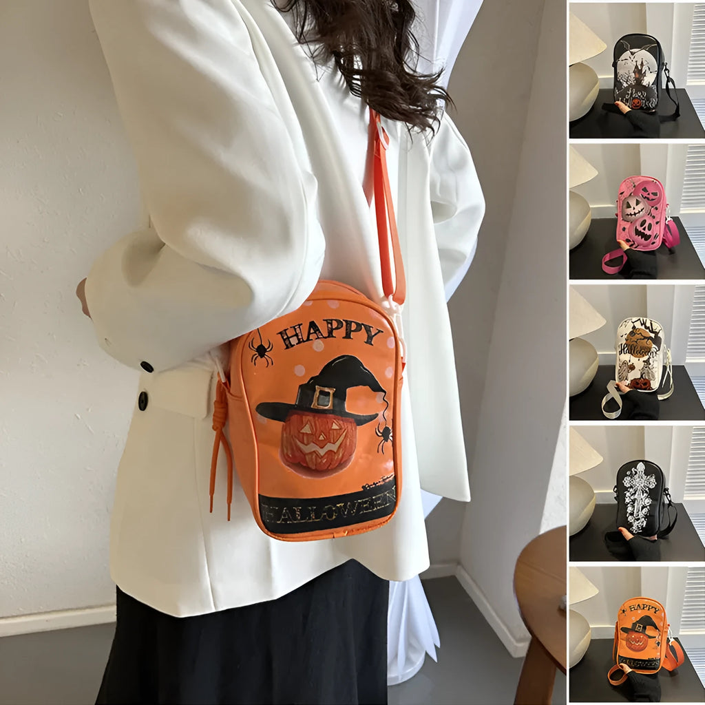 Halloween graffiti phone bag with pumpkin ghost bat cartoon print, black colour, crossbody strap.