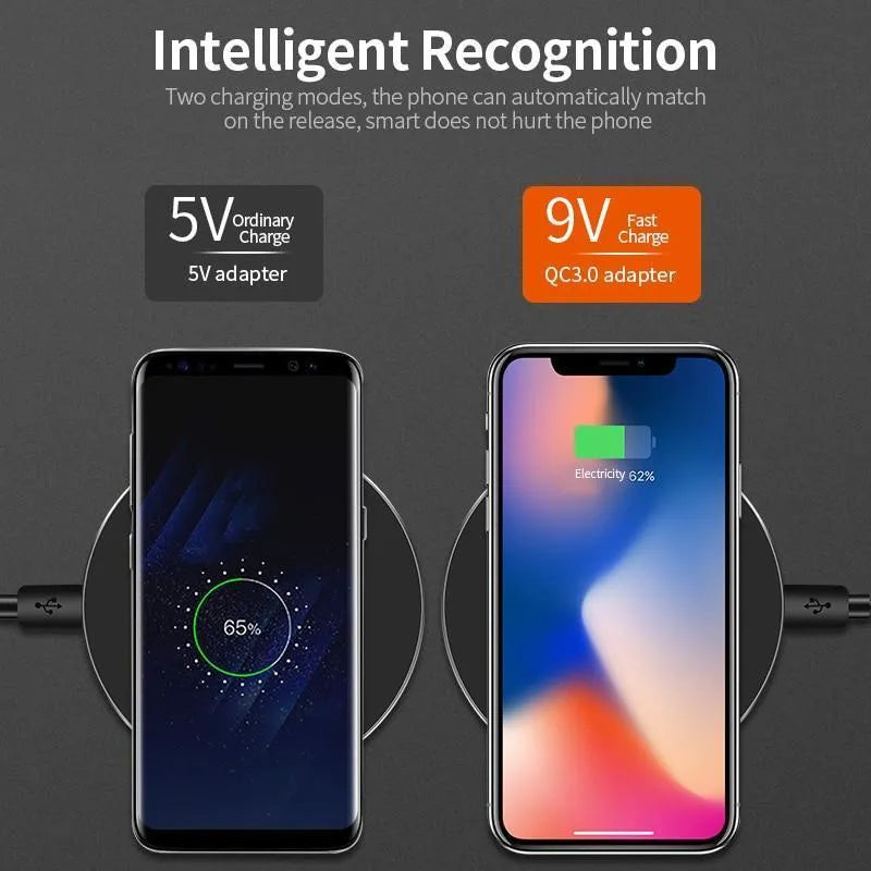 Black square wireless charging pad with ultra-thin 6.5mm profile showing 9V QI fast charging capability