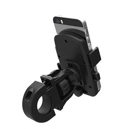 Black ABS plastic bicycle mobile phone holder with a safety strap, mounted on handlebars.