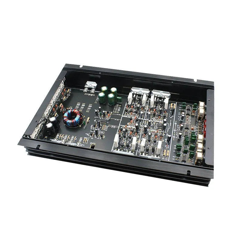 Four channel car amplifier in aluminum alloy with Silver Black C266 finish, 12V, 240W at 4Ω, 2-4ω impedance.