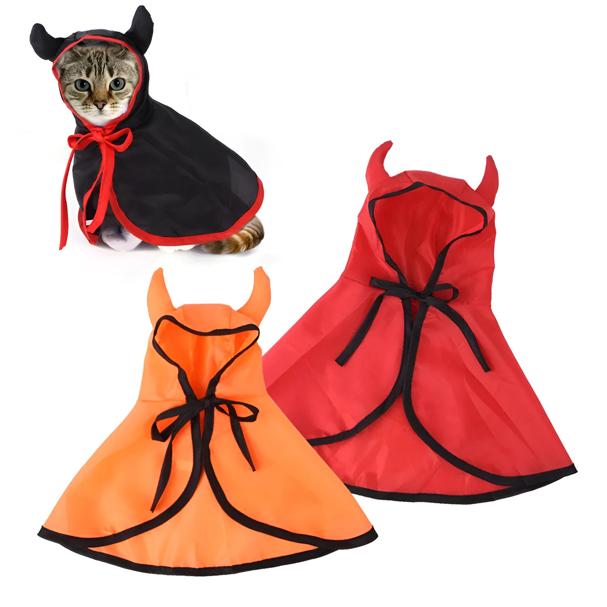 Halloween pet dog cat horn cloak cape in polyester, red black orange, sizes S M L