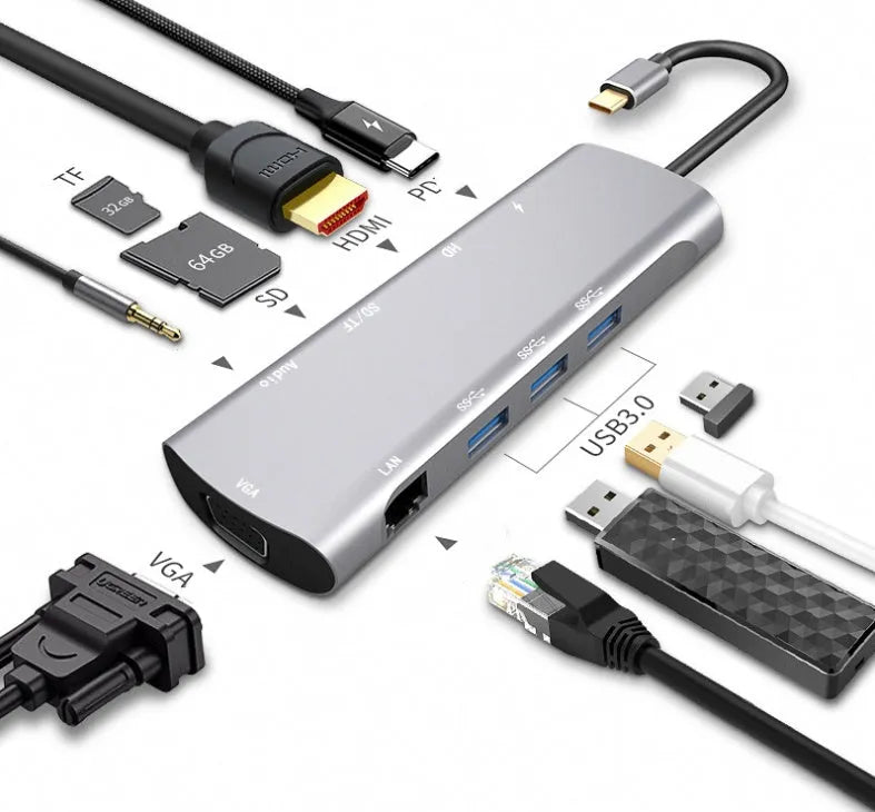 Grey USB C docking station with HDMI, VGA, and USB 3.0 ports for laptop connectivity