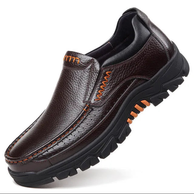 Men's black and brown business casual leather slip-on shoes with rubber sole