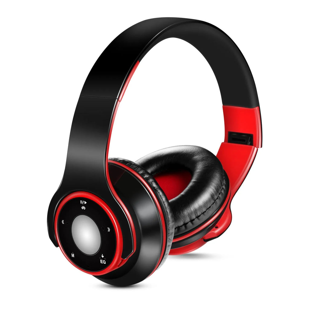 A foldable wireless Bluetooth headset with adjustable hinges, shown in blue, red, or rose red.