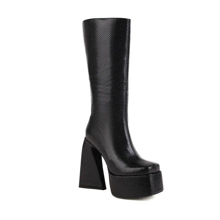 Women's black high boots in artificial PU leather, shown in a casual style