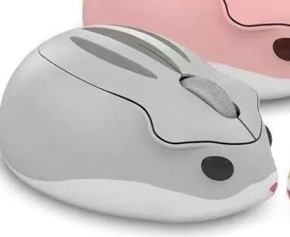 Hamster wireless mute mouse in grey, pink, and yellow colours showing compact design